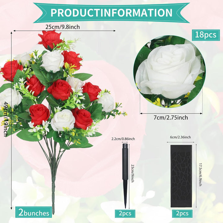 Lodou 2 Sets Artificial Cemetery Flowers,Artificial Cemetery Flowers with Vase,Memorial Flowers,Artificial Rose Bouquet Graveyard Memorial Flowers for Graveyard Headstones Decoration(Red and White - Just Closeouts Canada Inc.