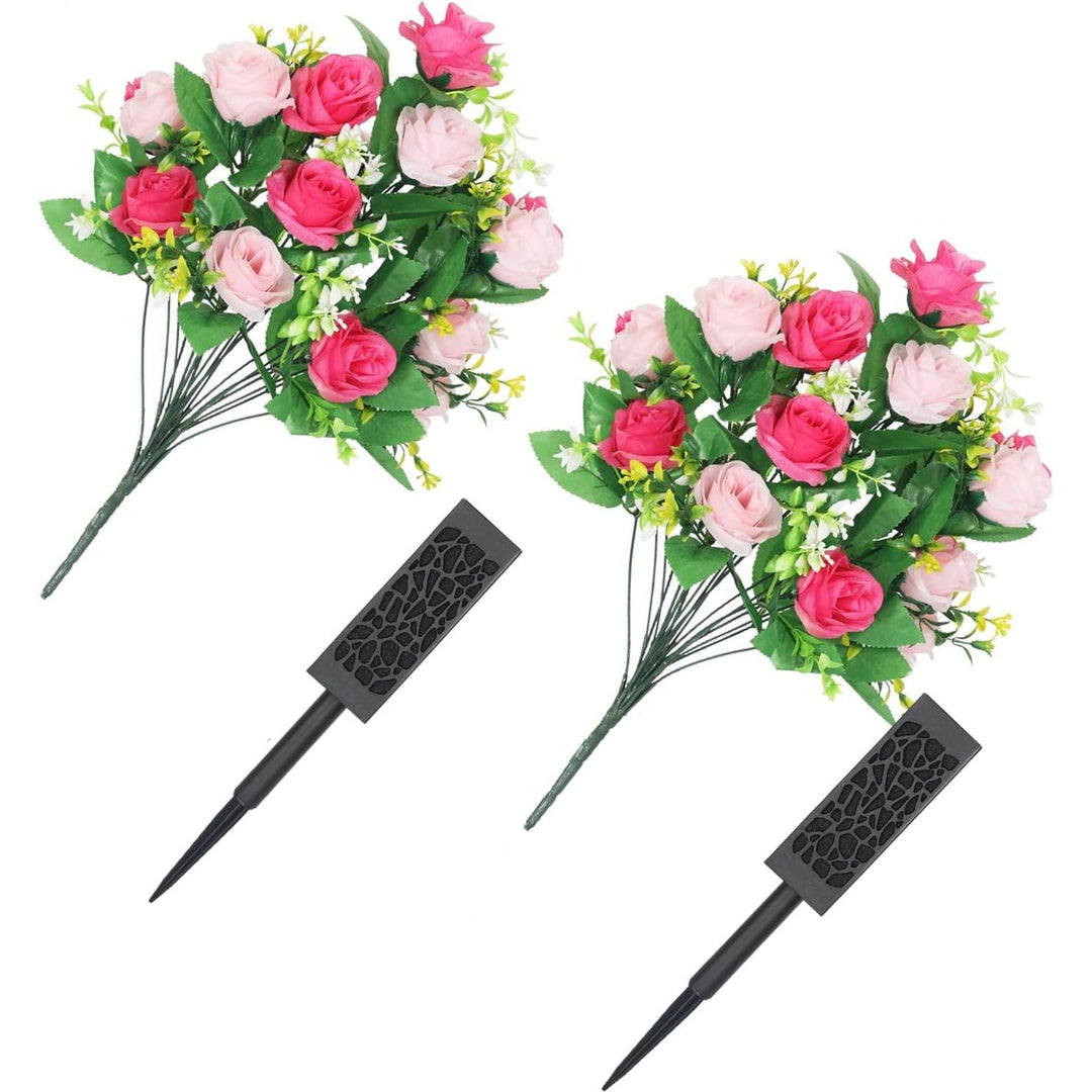 Lodou 2 Sets Artificial Cemetery Flowers,Artificial Cemetery Flowers with Vase,Memorial Flowers,Artificial Rose Bouquet Graveyard Memorial Flowers for Graveyard Headstones Decoration (Pink and red) - Just Closeouts Canada Inc.