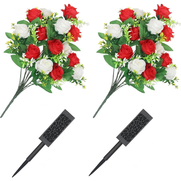 Lodou 2 Sets Artificial Cemetery Flowers,Artificial Cemetery Flowers with Vase,Memorial Flowers,Artificial Rose Bouquet Graveyard Memorial Flowers for Graveyard Headstones Decoration(Red and White - Just Closeouts Canada Inc.