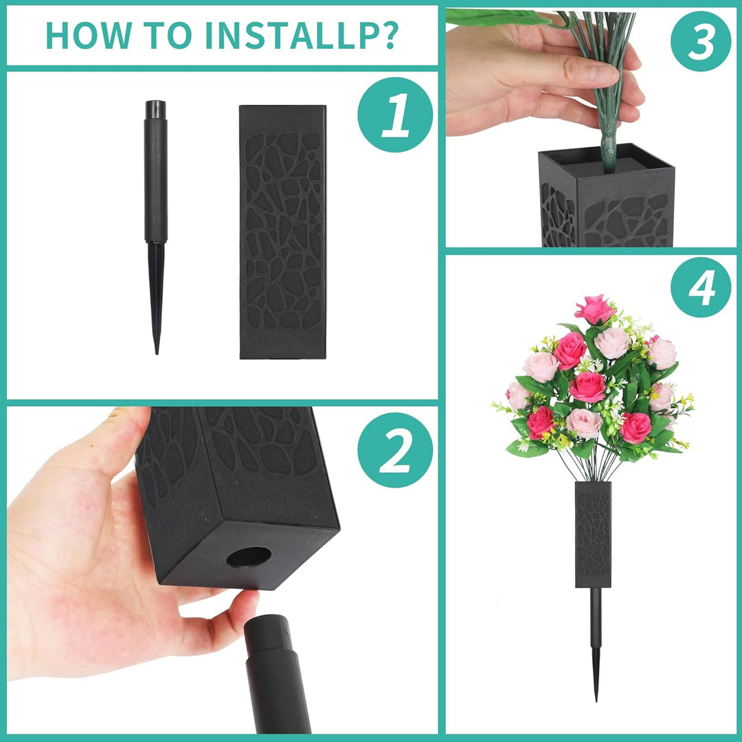 Lodou 2 Sets Artificial Cemetery Flowers,Artificial Cemetery Flowers with Vase,Memorial Flowers,Artificial Rose Bouquet Graveyard Memorial Flowers for Graveyard Headstones Decoration (Pink and red) - Just Closeouts Canada Inc.