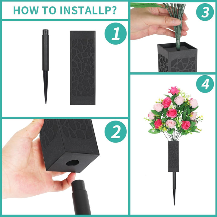 Lodou 2 Sets Artificial Cemetery Flowers,Artificial Cemetery Flowers with Vase,Memorial Flowers,Artificial Rose Bouquet Graveyard Memorial Flowers for Graveyard Headstones Decoration (Pink and red) - Just Closeouts Canada Inc.