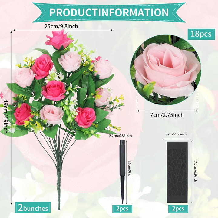 Lodou 2 Sets Artificial Cemetery Flowers,Artificial Cemetery Flowers with Vase,Memorial Flowers,Artificial Rose Bouquet Graveyard Memorial Flowers for Graveyard Headstones Decoration (Pink and red) - Just Closeouts Canada Inc.
