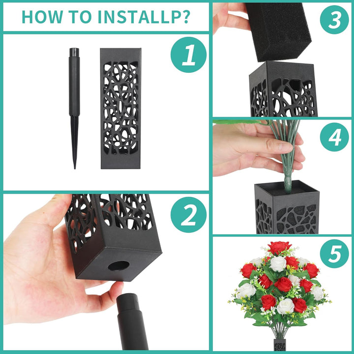 Lodou 2 Sets Artificial Cemetery Flowers,Artificial Cemetery Flowers with Vase,Memorial Flowers,Artificial Rose Bouquet Graveyard Memorial Flowers for Graveyard Headstones Decoration(Red and White - Just Closeouts Canada Inc.