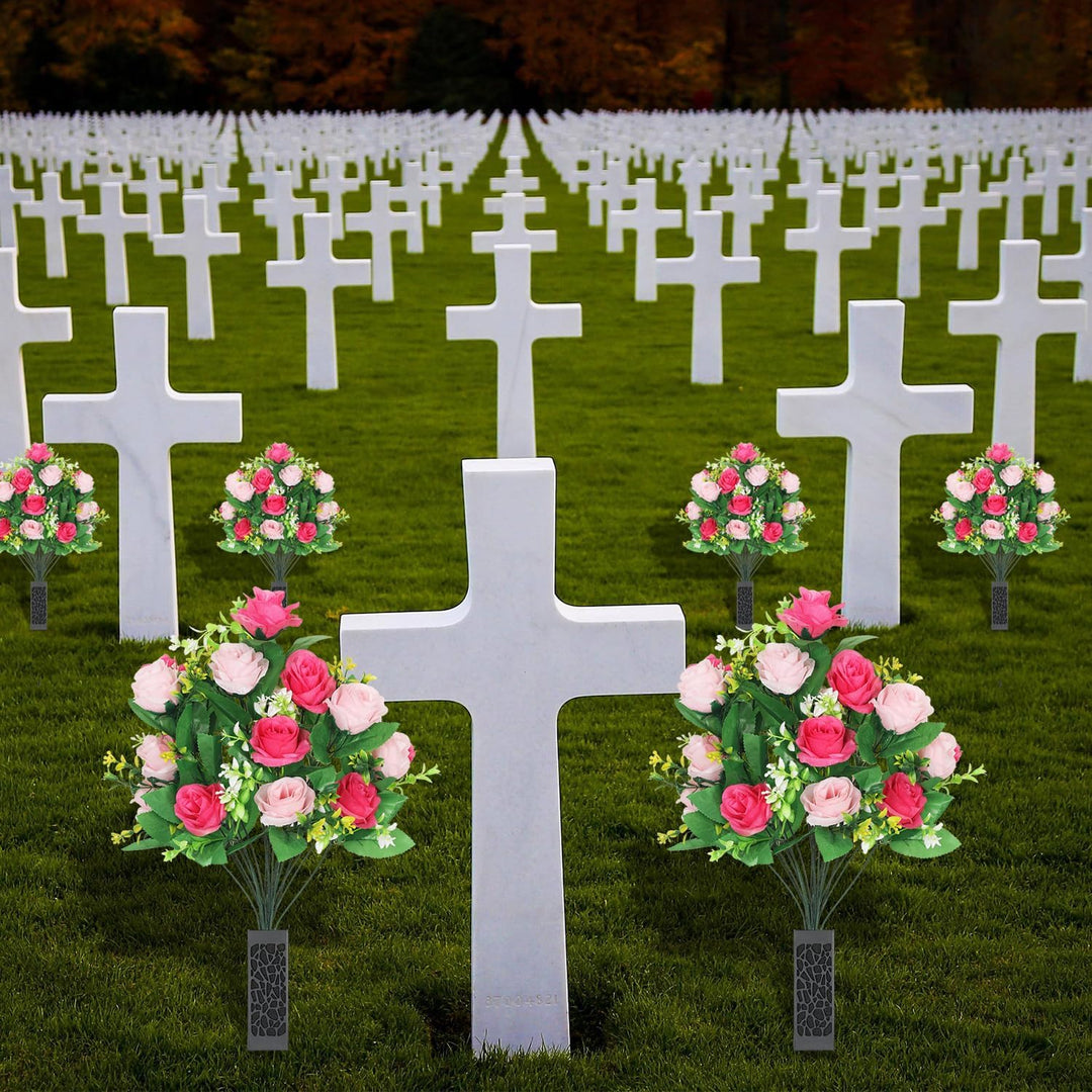 Lodou 2 Sets Artificial Cemetery Flowers,Artificial Cemetery Flowers with Vase,Memorial Flowers,Artificial Rose Bouquet Graveyard Memorial Flowers for Graveyard Headstones Decoration (Pink and red) - Just Closeouts Canada Inc.