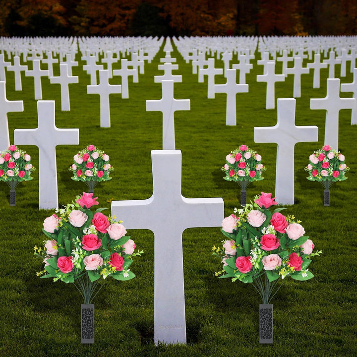 Lodou 2 Sets Artificial Cemetery Flowers,Artificial Cemetery Flowers with Vase,Memorial Flowers,Artificial Rose Bouquet Graveyard Memorial Flowers for Graveyard Headstones Decoration (Pink and red) - Just Closeouts Canada Inc.
