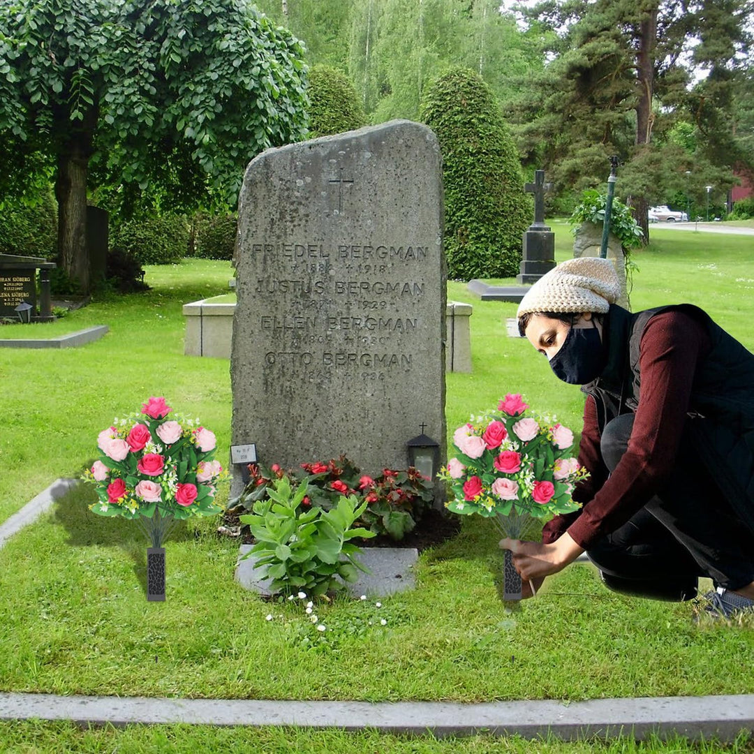 Lodou 2 Sets Artificial Cemetery Flowers,Artificial Cemetery Flowers with Vase,Memorial Flowers,Artificial Rose Bouquet Graveyard Memorial Flowers for Graveyard Headstones Decoration (Pink and red) - Just Closeouts Canada Inc.