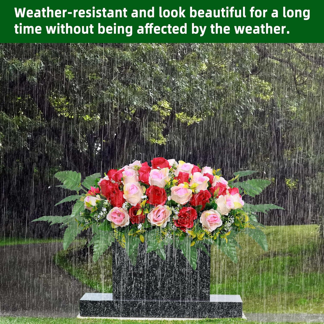 Lodou Artificial Cemetery Flower Saddles, Rose Headstone Flower Saddle Outdoor Grave Decorations,Cemetery Memorial Flowers with Vase for Grave Tombstone Decorations (Red and Champagne, Saddle) - Just Closeouts Canada Inc.