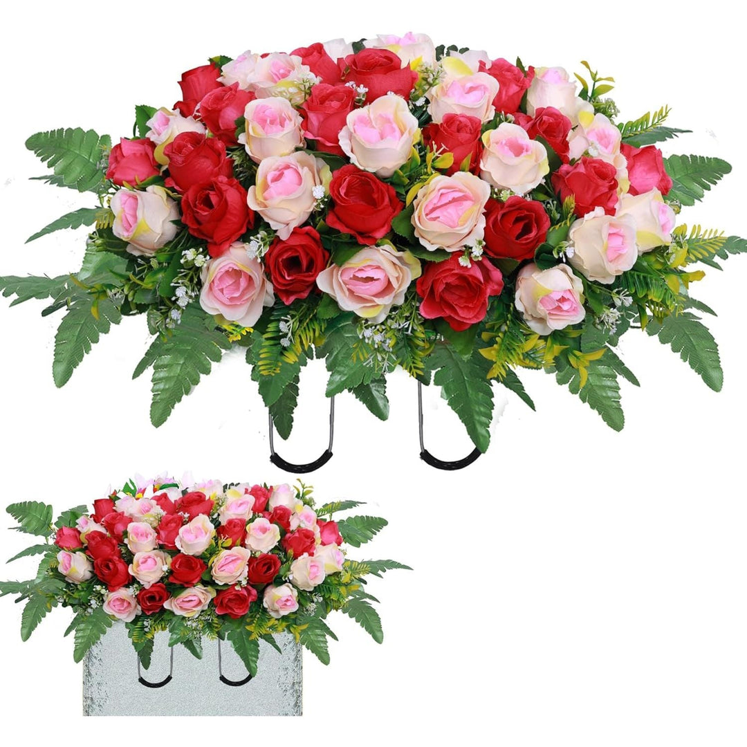 Lodou Artificial Cemetery Flower Saddles, Rose Headstone Flower Saddle Outdoor Grave Decorations,Cemetery Memorial Flowers with Vase for Grave Tombstone Decorations (Red and Champagne, Saddle) - Just Closeouts Canada Inc.