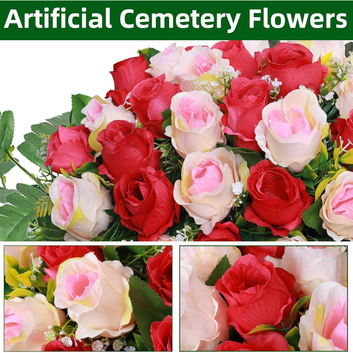 Lodou Artificial Cemetery Flower Saddles, Rose Headstone Flower Saddle Outdoor Grave Decorations,Cemetery Memorial Flowers with Vase for Grave Tombstone Decorations (Red and Champagne, Saddle) - Just Closeouts Canada Inc.