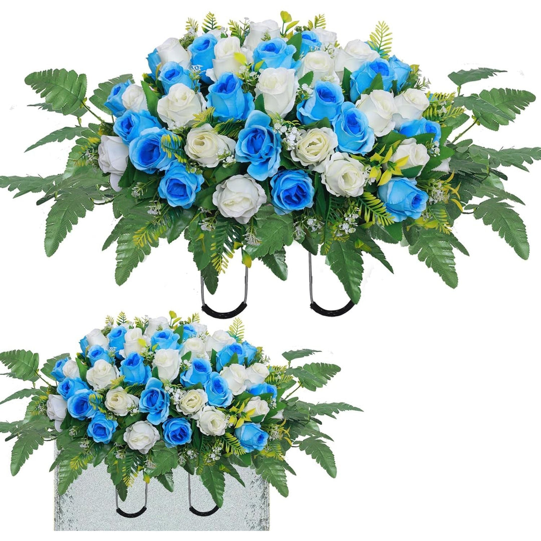 Lodou Artificial Cemetery Flower Saddles, Rose Headstone Flower Saddle Outdoor Grave Decorations,Cemetery Memorial Flowers with Vase for Grave Tombstone Decorations (Blue with White, Saddle) - Just Closeouts Canada Inc.
