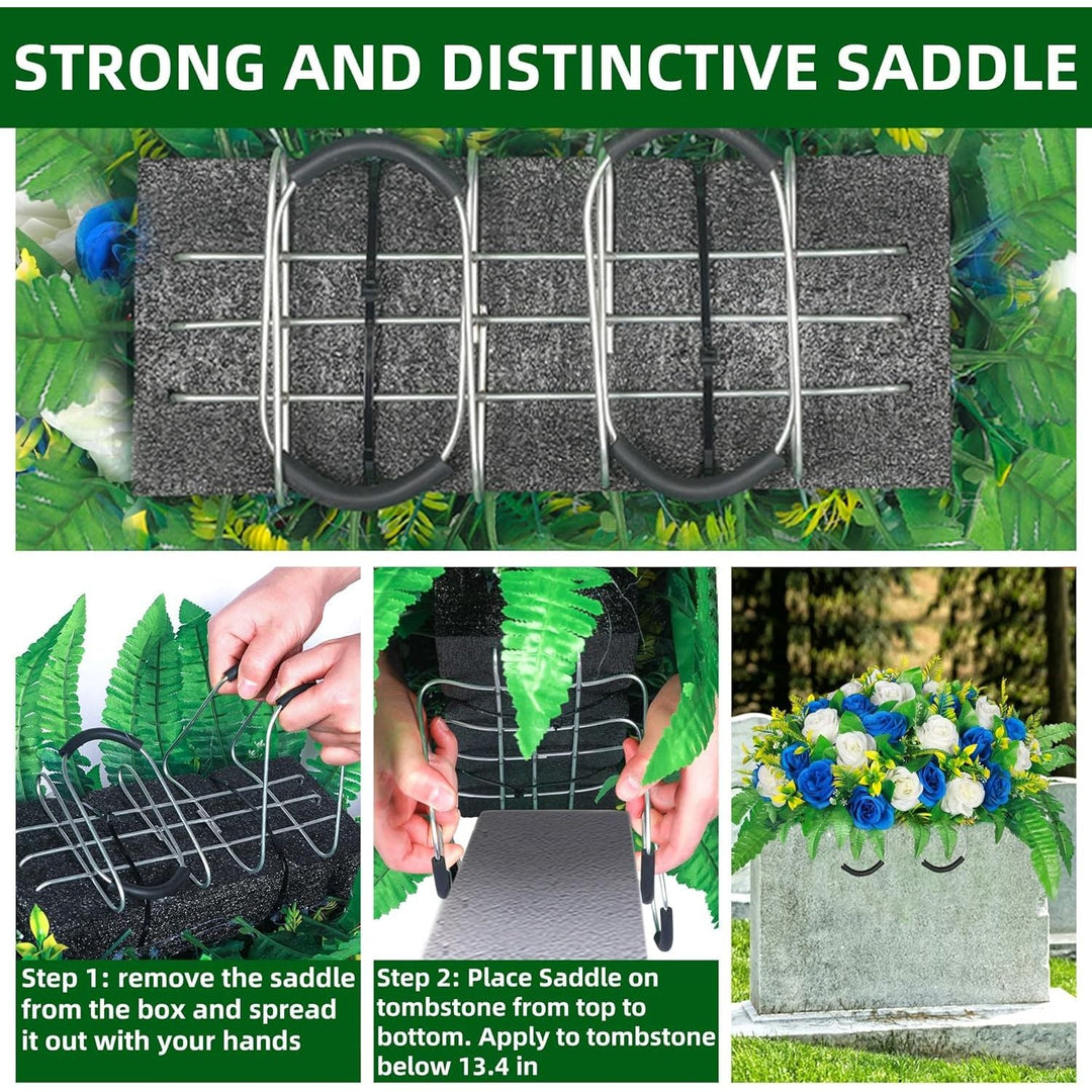 Lodou Artificial Cemetery Flowers, Silk Flower Arrangement, Artificial Rose Bouquet Grave Memorial Flowers with Headstone Saddle for Graveyard Headstones Decoration (1, Blue and White) - Just Closeouts Canada Inc.