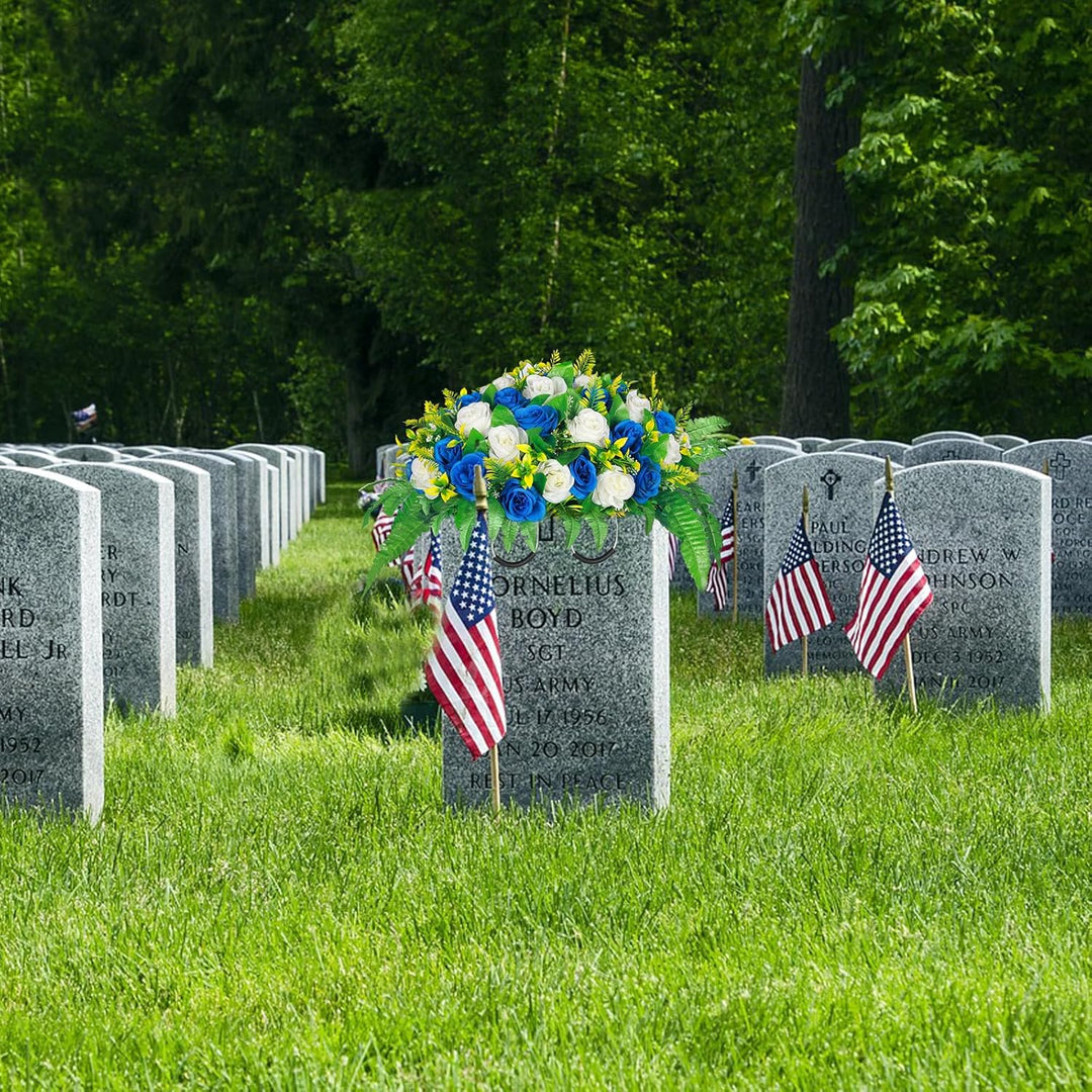 Lodou Artificial Cemetery Flowers, Silk Flower Arrangement, Artificial Rose Bouquet Grave Memorial Flowers with Headstone Saddle for Graveyard Headstones Decoration (1, Blue and White) - Just Closeouts Canada Inc.