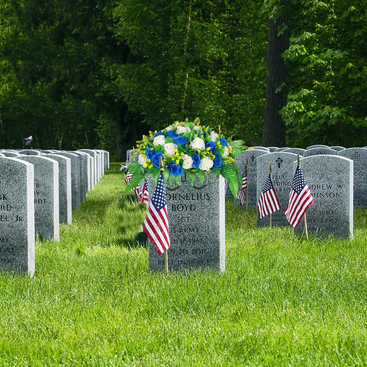 Lodou Artificial Cemetery Flowers, Silk Flower Arrangement, Artificial Rose Bouquet Grave Memorial Flowers with Headstone Saddle for Graveyard Headstones Decoration (1, Blue and White) - Just Closeouts Canada Inc.