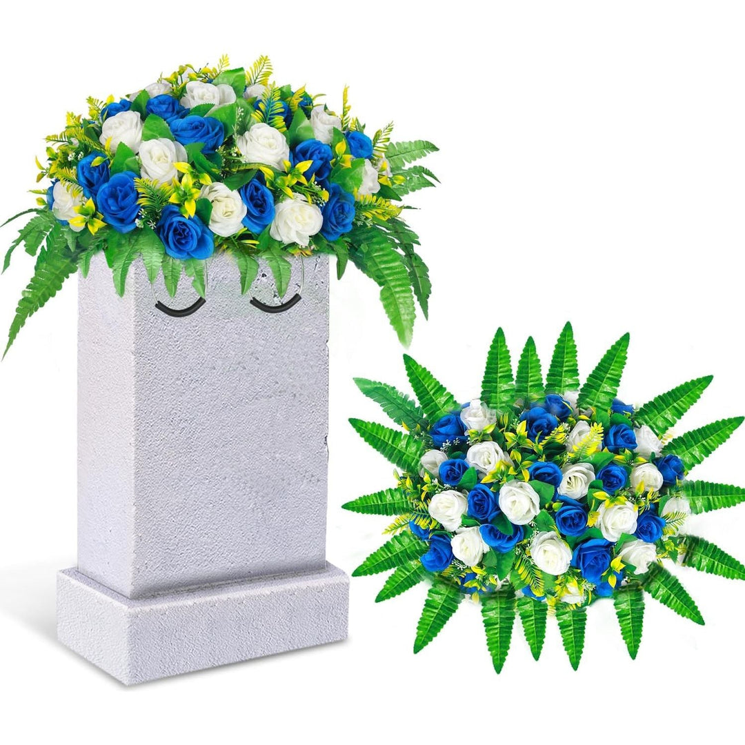 Lodou Artificial Cemetery Flowers, Silk Flower Arrangement, Artificial Rose Bouquet Grave Memorial Flowers with Headstone Saddle for Graveyard Headstones Decoration (1, Blue and White) - Just Closeouts Canada Inc.