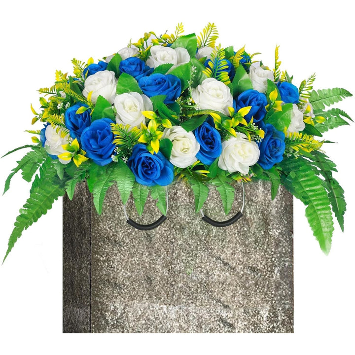 Lodou Artificial Cemetery Flowers, Silk Flower Arrangement, Artificial Rose Bouquet Grave Memorial Flowers with Headstone Saddle for Graveyard Headstones Decoration (1, Blue and White) - Just Closeouts Canada Inc.