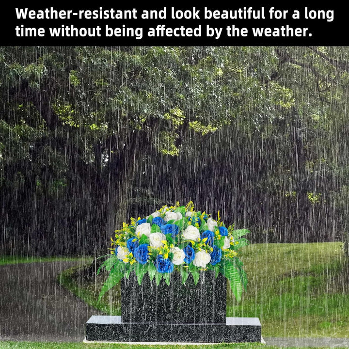 Lodou Artificial Cemetery Flowers, Silk Flower Arrangement, Artificial Rose Bouquet Grave Memorial Flowers with Headstone Saddle for Graveyard Headstones Decoration (1, Blue and White) - Just Closeouts Canada Inc.