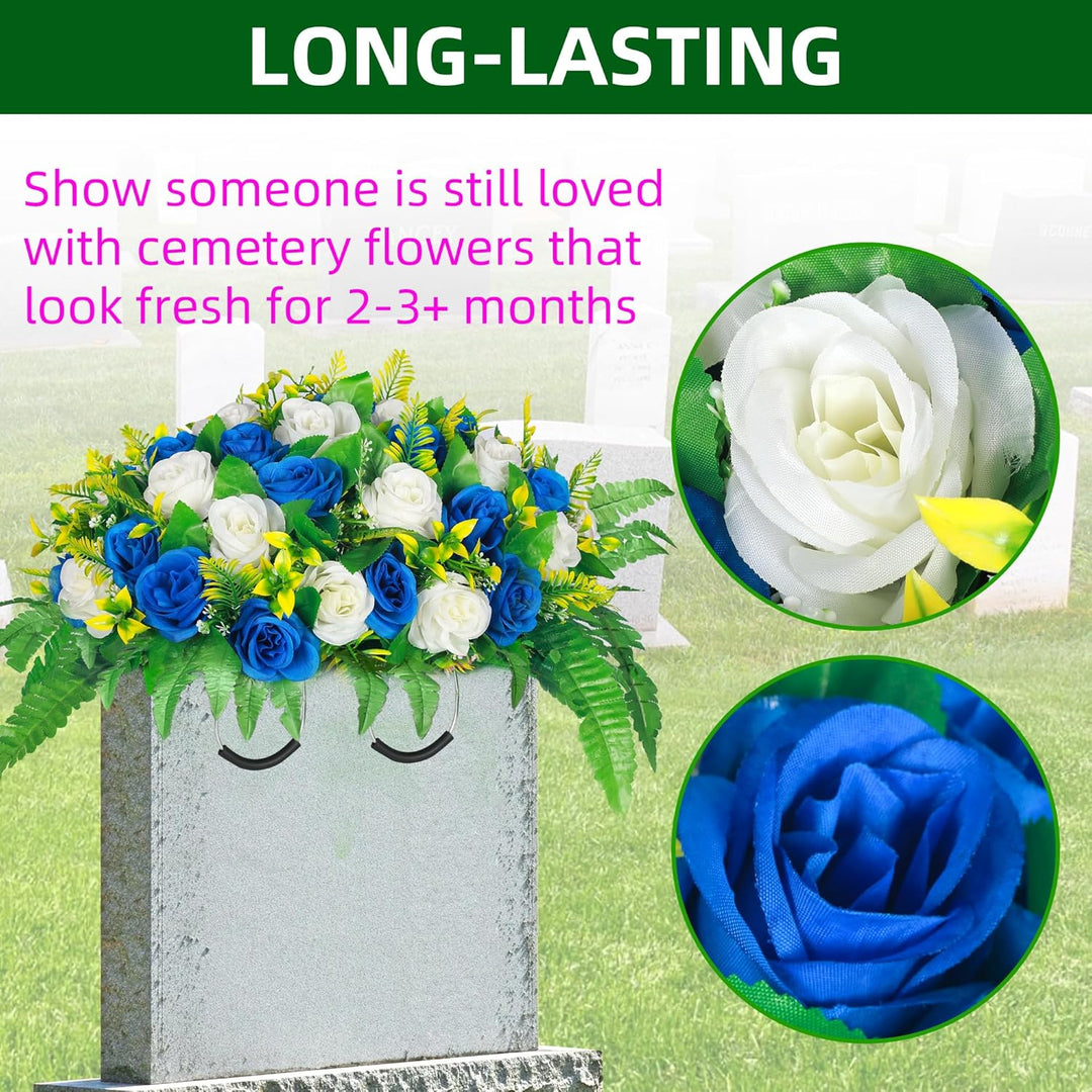 Lodou Artificial Cemetery Flowers, Silk Flower Arrangement, Artificial Rose Bouquet Grave Memorial Flowers with Headstone Saddle for Graveyard Headstones Decoration (1, Blue and White) - Just Closeouts Canada Inc.