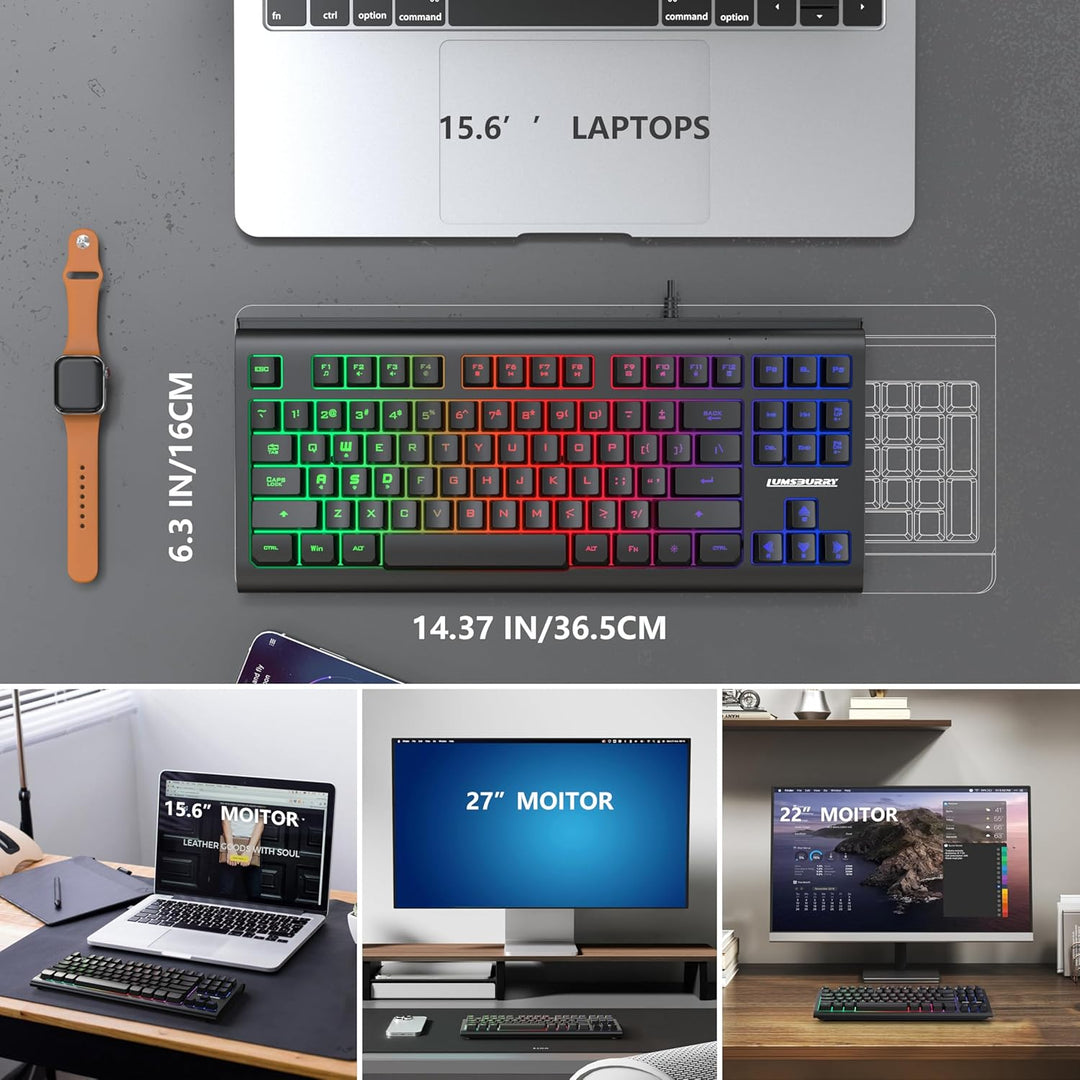 Lumsburry Computer Keyboard, 87 Keys Compact Wired USB Keyboard with Rainbow LED Light Up Backlit for PC Gaming Laptop Teclado Gamers Office Working - Just Closeouts Canada Inc.