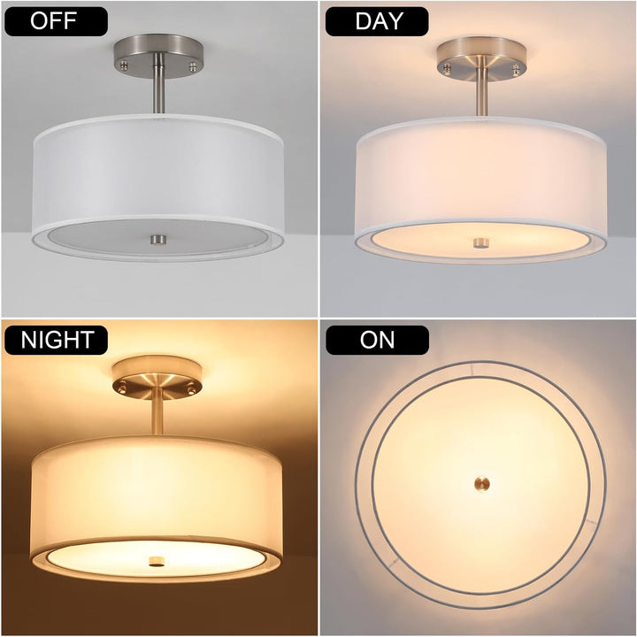 Luupyia 3 - Light Fabric Drum Pendant Lighting with Double Fabric Shade, 12.59 Inches Simple Modern Semi Flush Mount Ceiling Light Fixture Modern Hanging Lights for Bedroom, Hallway, Foyer E26 60W - Just Closeouts Canada Inc.