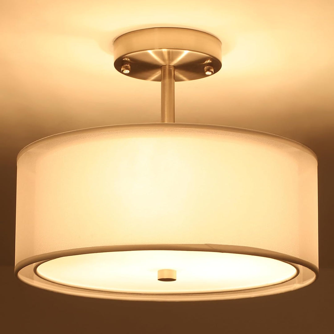 Luupyia 3 - Light Fabric Drum Pendant Lighting with Double Fabric Shade, 12.59 Inches Simple Modern Semi Flush Mount Ceiling Light Fixture Modern Hanging Lights for Bedroom, Hallway, Foyer E26 60W - Just Closeouts Canada Inc.