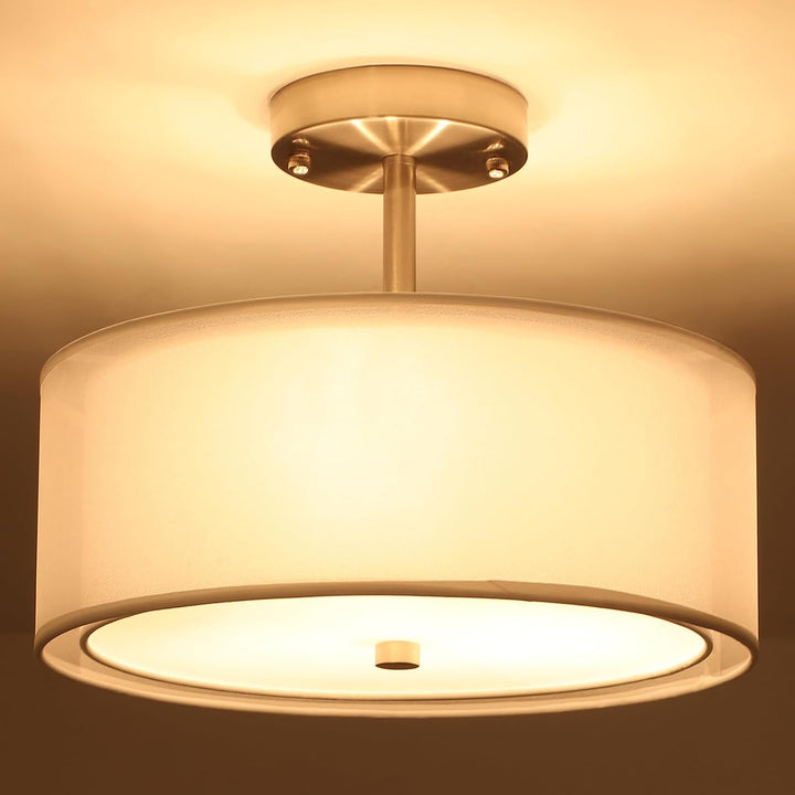 Luupyia 3 - Light Fabric Drum Pendant Lighting with Double Fabric Shade, 12.59 Inches Simple Modern Semi Flush Mount Ceiling Light Fixture Modern Hanging Lights for Bedroom, Hallway, Foyer E26 60W - Just Closeouts Canada Inc.