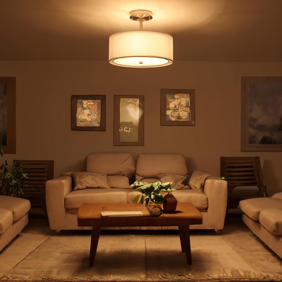 Luupyia 3 - Light Fabric Drum Pendant Lighting with Double Fabric Shade, 12.59 Inches Simple Modern Semi Flush Mount Ceiling Light Fixture Modern Hanging Lights for Bedroom, Hallway, Foyer E26 60W - Just Closeouts Canada Inc.