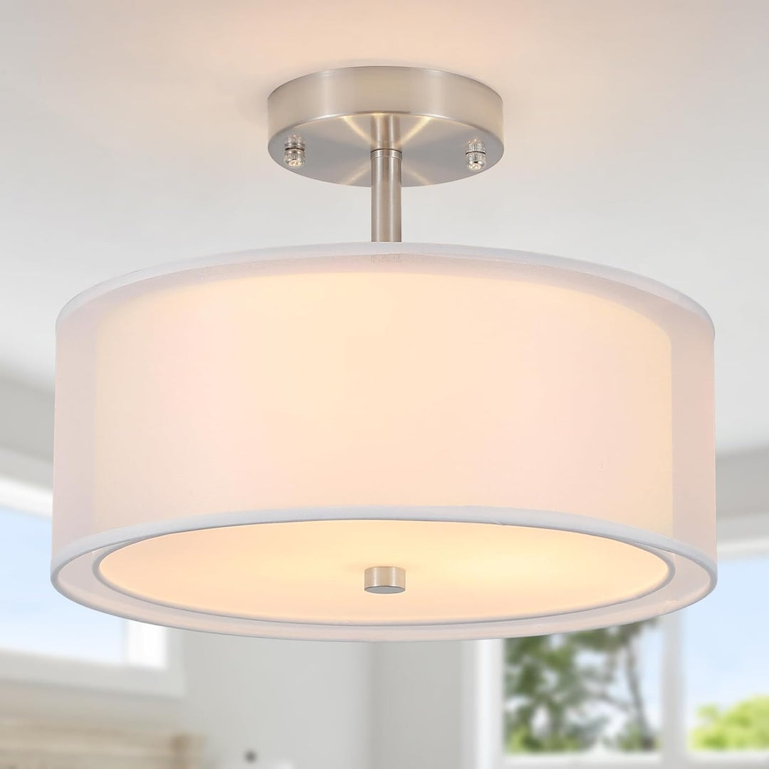 Luupyia 3 - Light Fabric Drum Pendant Lighting with Double Fabric Shade, 12.59 Inches Simple Modern Semi Flush Mount Ceiling Light Fixture Modern Hanging Lights for Bedroom, Hallway, Foyer E26 60W - Just Closeouts Canada Inc.