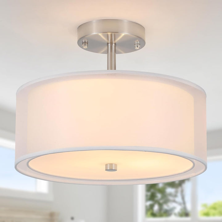 Luupyia 3 - Light Fabric Drum Pendant Lighting with Double Fabric Shade, 12.59 Inches Simple Modern Semi Flush Mount Ceiling Light Fixture Modern Hanging Lights for Bedroom, Hallway, Foyer E26 60W - Just Closeouts Canada Inc.