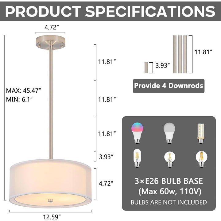 Luupyia 3 - Light Fabric Drum Pendant Lighting with Double Fabric Shade, 12.59 Inches Simple Modern Semi Flush Mount Ceiling Light Fixture Modern Hanging Lights for Bedroom, Hallway, Foyer E26 60W - Just Closeouts Canada Inc.