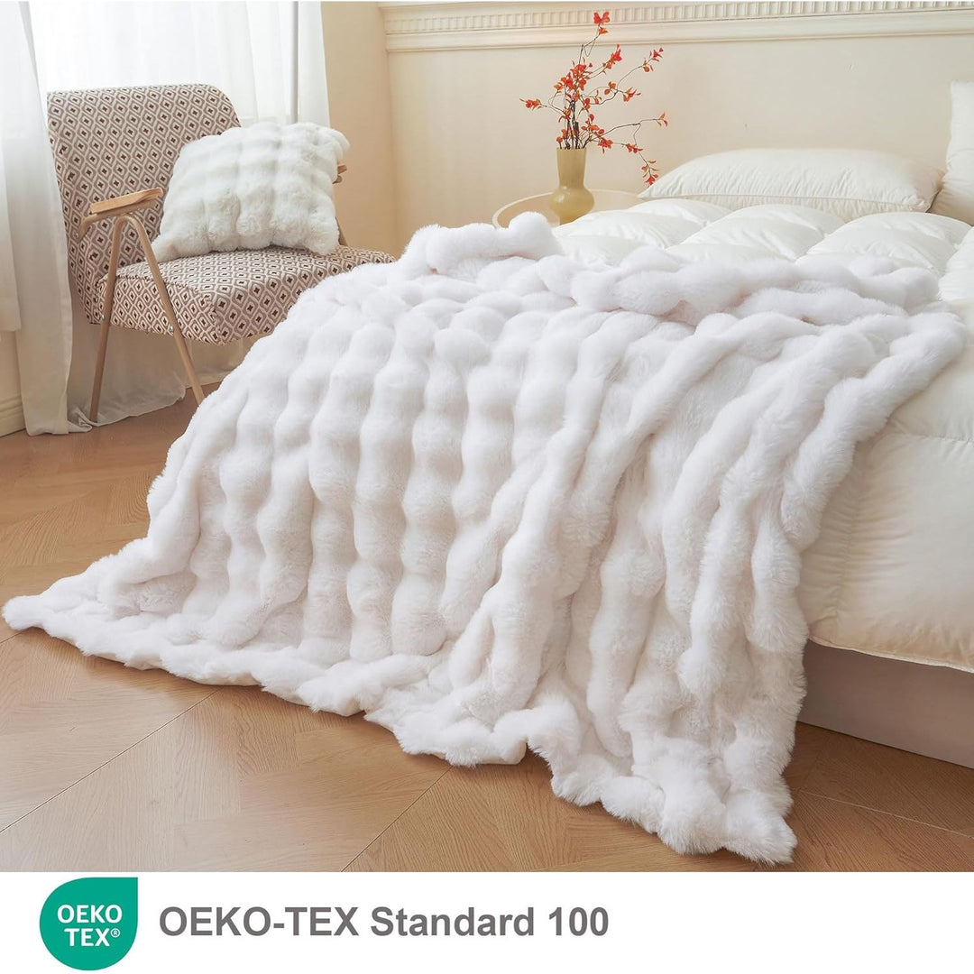 Luxury Fluffy Faux Rabbit Fur Blanket, Plush Fuzzy Bubble Throw for Couch Sofa, Cozy Comfy Furry Bed Blanket Home Decoration, Aesthetic Shaggy Throw for Bedroom Living Room, 60x90, White - Just Closeouts Canada Inc.