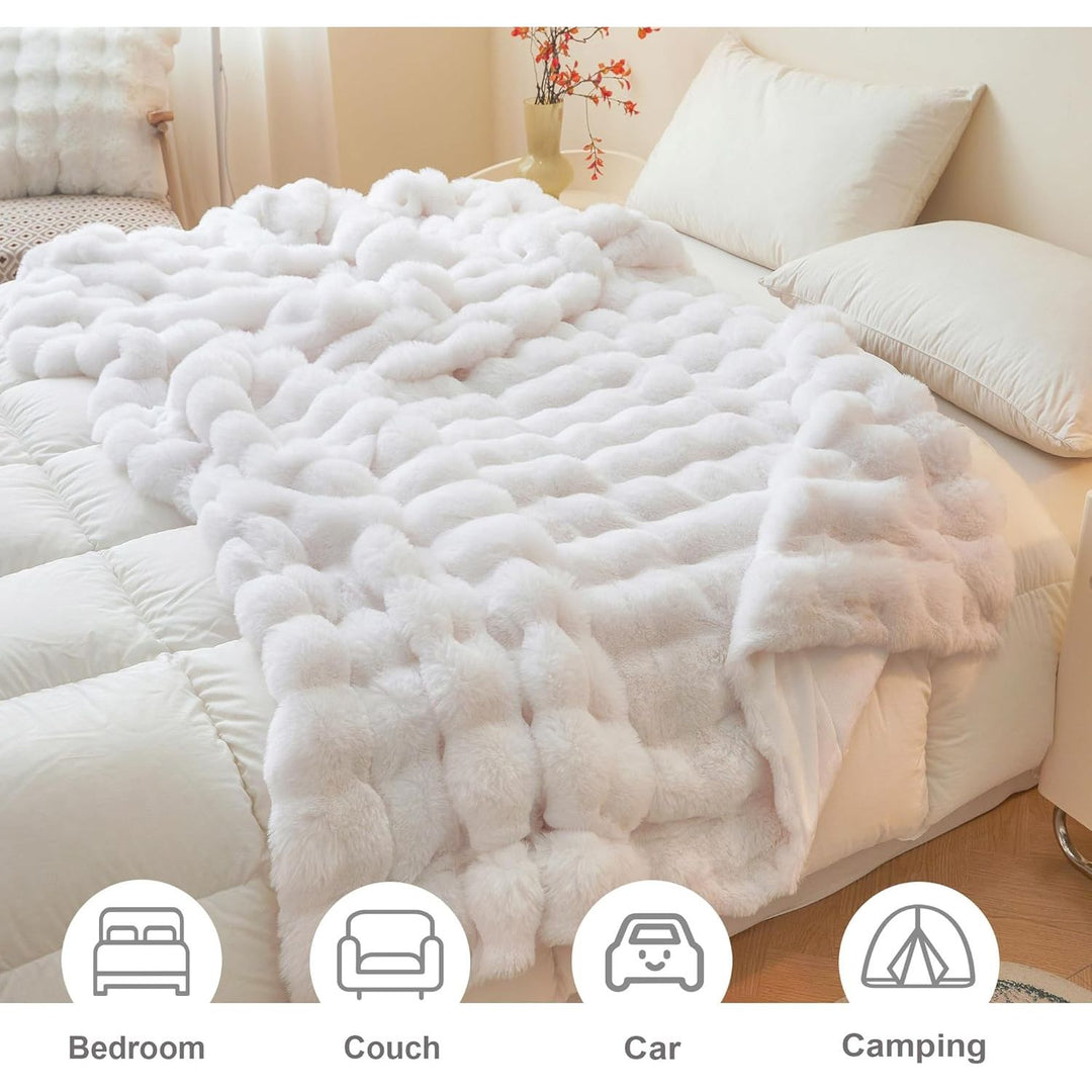 Luxury Fluffy Faux Rabbit Fur Blanket, Plush Fuzzy Bubble Throw for Couch Sofa, Cozy Comfy Furry Bed Blanket Home Decoration, Aesthetic Shaggy Throw for Bedroom Living Room, 60x90, White - Just Closeouts Canada Inc.