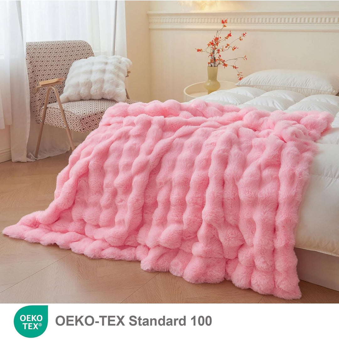 Luxury Fluffy Faux Rabbit Fur Blanket, Plush Fuzzy Bubble Waffle Throw Couch Sofa, Cozy Comfy Furry Bed Blanket Home Decoration, Aesthetic Shaggy Throw for Bedroom Living Room, 60x90, Pink - Just Closeouts Canada Inc.