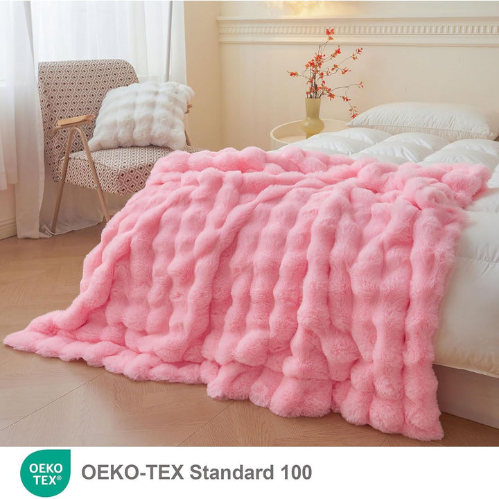 Luxury Fluffy Faux Rabbit Fur Blanket, Plush Fuzzy Bubble Waffle Throw Couch Sofa, Cozy Comfy Furry Bed Blanket Home Decoration, Aesthetic Shaggy Throw for Bedroom Living Room, 60x90, Pink - Just Closeouts Canada Inc.