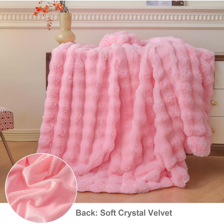 Luxury Fluffy Faux Rabbit Fur Blanket, Plush Fuzzy Bubble Waffle Throw Couch Sofa, Cozy Comfy Furry Bed Blanket Home Decoration, Aesthetic Shaggy Throw for Bedroom Living Room, 60x90, Pink - Just Closeouts Canada Inc.