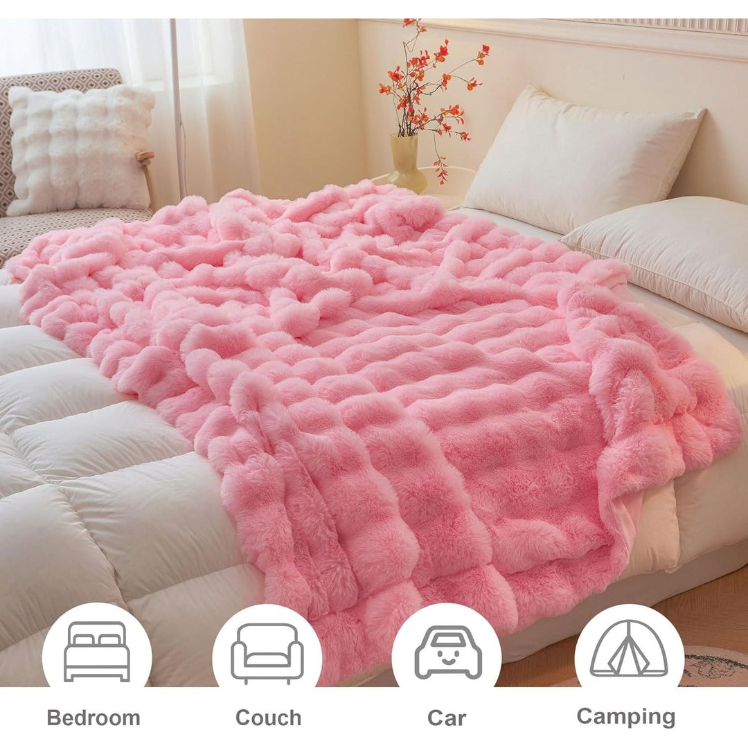 Luxury Fluffy Faux Rabbit Fur Blanket, Plush Fuzzy Bubble Waffle Throw Couch Sofa, Cozy Comfy Furry Bed Blanket Home Decoration, Aesthetic Shaggy Throw for Bedroom Living Room, 60x90, Pink - Just Closeouts Canada Inc.