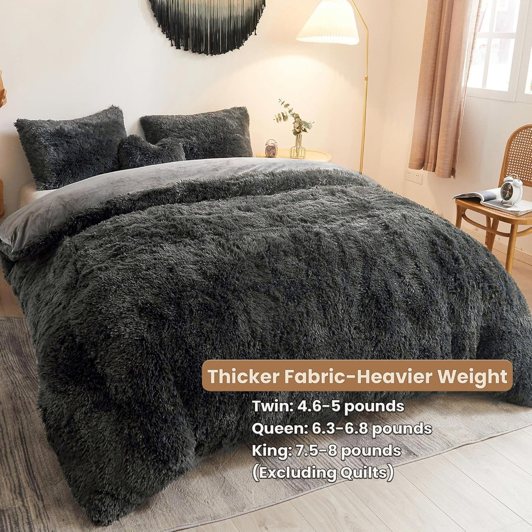 Luxury Shaggy Faux Fur Duvet Cover Set, Ultra Soft 3 Pieces Fluffy Comforter Cover Set, Fuzzy Bedding Set for Bedroom(1 Plush Furry Duvet Cover + 2 Pillowcases), Zipper Closure(King, Dark Grey) - Just Closeouts Canada Inc.