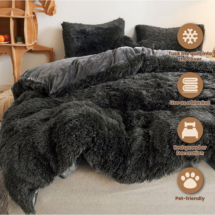 Luxury Shaggy Faux Fur Duvet Cover Set, Ultra Soft 3 Pieces Fluffy Comforter Cover Set, Fuzzy Bedding Set for Bedroom(1 Plush Furry Duvet Cover + 2 Pillowcases), Zipper Closure(King, Dark Grey) - Just Closeouts Canada Inc.