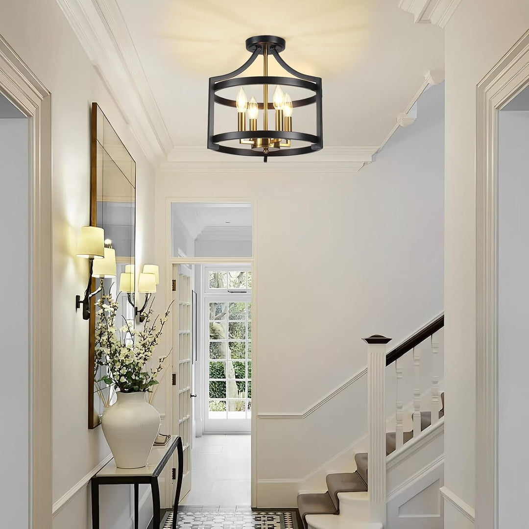 LXWNYY 4 - Light Farmhouse Light Fixtures, Rustic Black and Gold Chandeliers Ceiling Lights Convertible Semi Flush Mount Ceiling Light for Kitchen Island Dining Room Living Room Entryway Foyer - Just Closeouts Canada Inc.