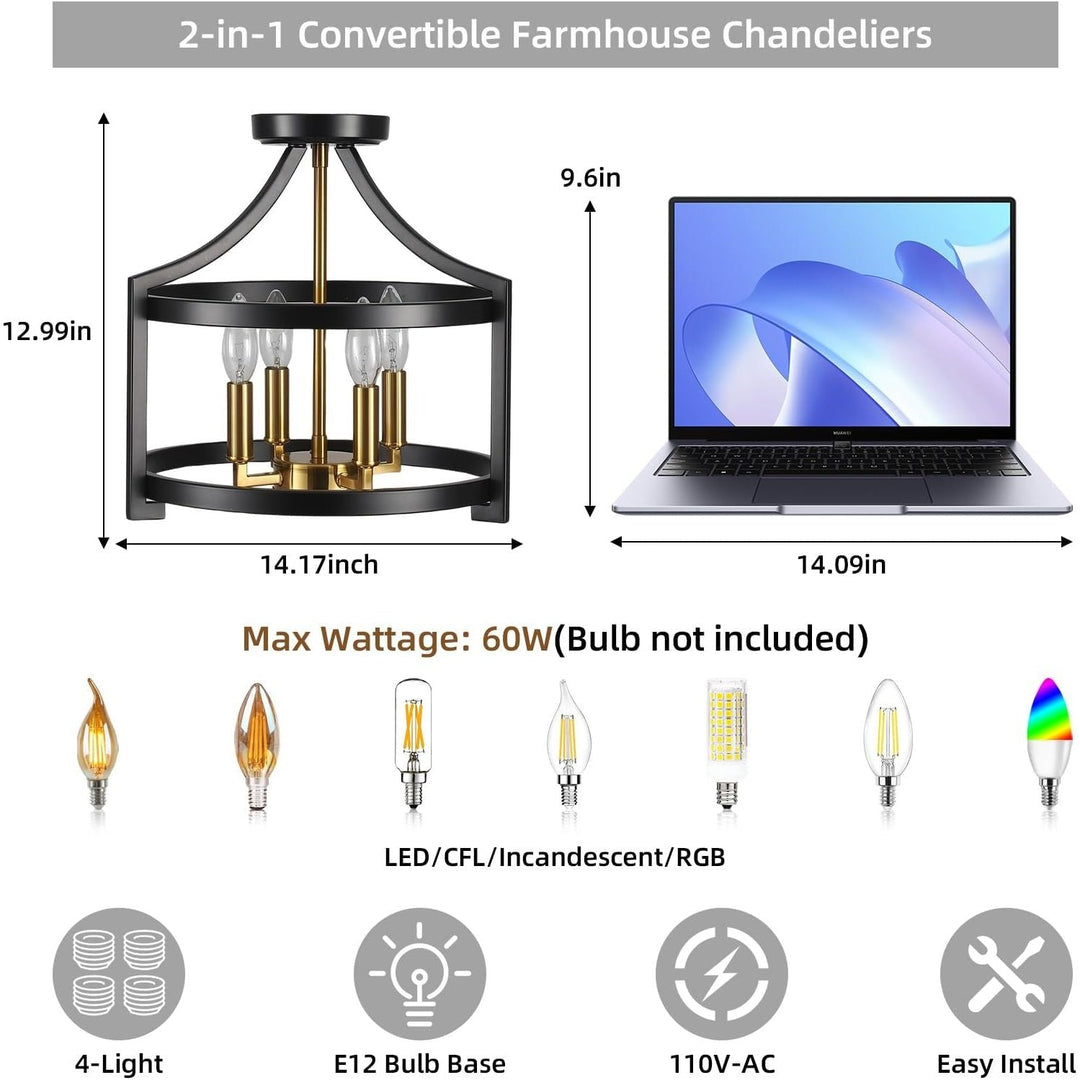 LXWNYY 4 - Light Farmhouse Light Fixtures, Rustic Black and Gold Chandeliers Ceiling Lights Convertible Semi Flush Mount Ceiling Light for Kitchen Island Dining Room Living Room Entryway Foyer - Just Closeouts Canada Inc.