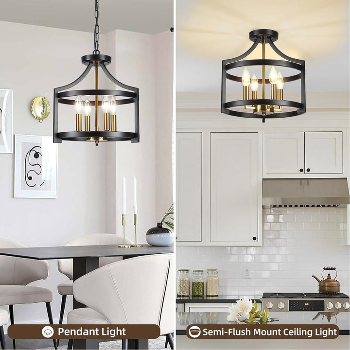 LXWNYY 4 - Light Farmhouse Light Fixtures, Rustic Black and Gold Chandeliers Ceiling Lights Convertible Semi Flush Mount Ceiling Light for Kitchen Island Dining Room Living Room Entryway Foyer - Just Closeouts Canada Inc.