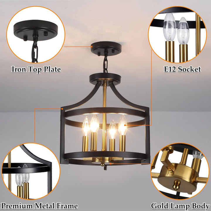 LXWNYY 4 - Light Farmhouse Light Fixtures, Rustic Black and Gold Chandeliers Ceiling Lights Convertible Semi Flush Mount Ceiling Light for Kitchen Island Dining Room Living Room Entryway Foyer - Just Closeouts Canada Inc.