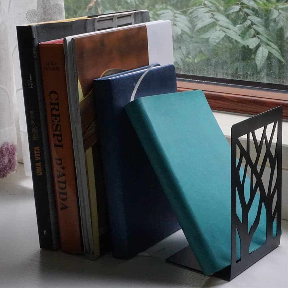 Lycnkok Bookends for Shelves Book Ends Holders Stoppers Supports Metal, for Office Home Decorative, Tree/Leaf/Bird Design, 3 Pair Black, Bookmark Included - Just Closeouts Canada Inc.