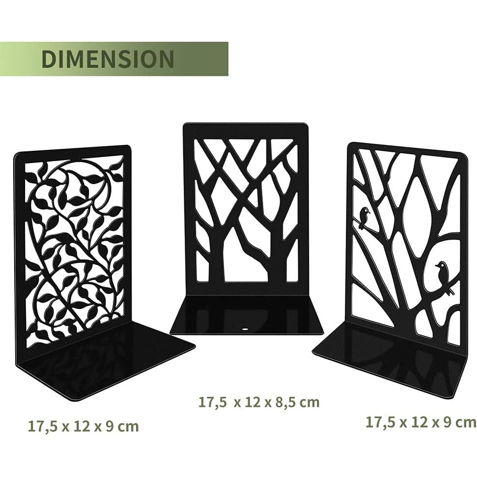 Lycnkok Bookends for Shelves Book Ends Holders Stoppers Supports Metal, for Office Home Decorative, Tree/Leaf/Bird Design, 3 Pair Black, Bookmark Included - Just Closeouts Canada Inc.