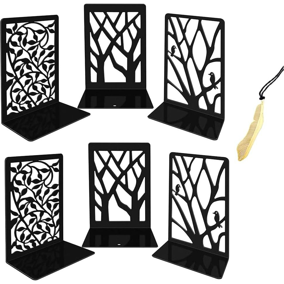 Lycnkok Bookends for Shelves Book Ends Holders Stoppers Supports Metal, for Office Home Decorative, Tree/Leaf/Bird Design, 3 Pair Black, Bookmark Included - Just Closeouts Canada Inc.