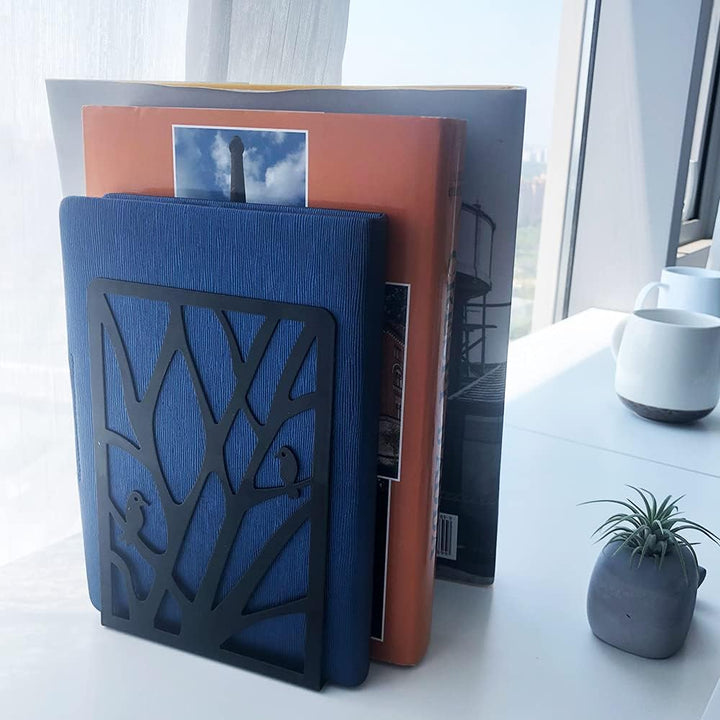 Lycnkok Bookends for Shelves Book Ends Holders Stoppers Supports Metal, for Office Home Decorative, Tree/Leaf/Bird Design, 3 Pair Black, Bookmark Included - Just Closeouts Canada Inc.