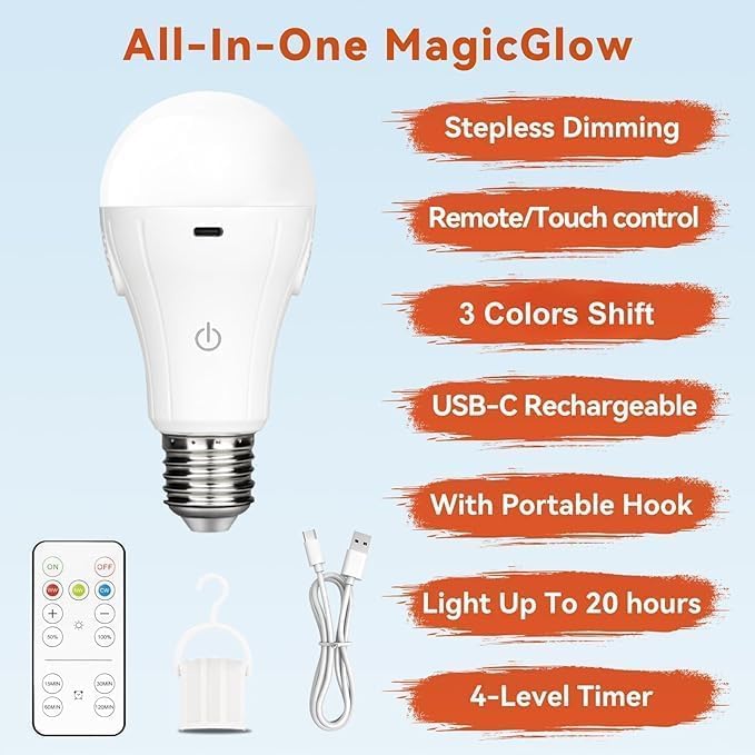 MagicGlow Rechargeable Light Bulbs with Remote, 3 Color Shift + Dimmable Battery Powered Light Bulbs, USB Rechargeable, A19 E26 Emergency Light Bulbs, 15W, Up to 24 Hours - Just Closeouts Canada Inc.X003Z64PXP