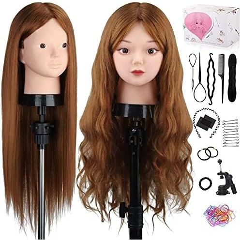 Mannequin Head with 80% Human Hair, 23.5" Brown Real Hair Cosmetology Mannequin Head Hair Styling Hairdressing Practice Training Doll Heads with Clamp Holder and Tools - Just Closeouts Canada Inc.X003K9VWYH