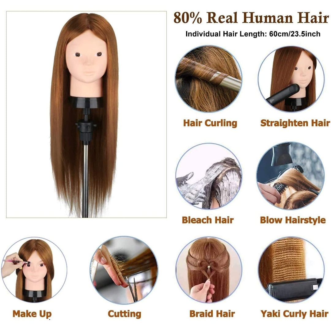 Mannequin Head with 80% Human Hair, 23.5" Brown Real Hair Cosmetology Mannequin Head Hair Styling Hairdressing Practice Training Doll Heads with Clamp Holder and Tools - Just Closeouts Canada Inc.X003K9VWYH