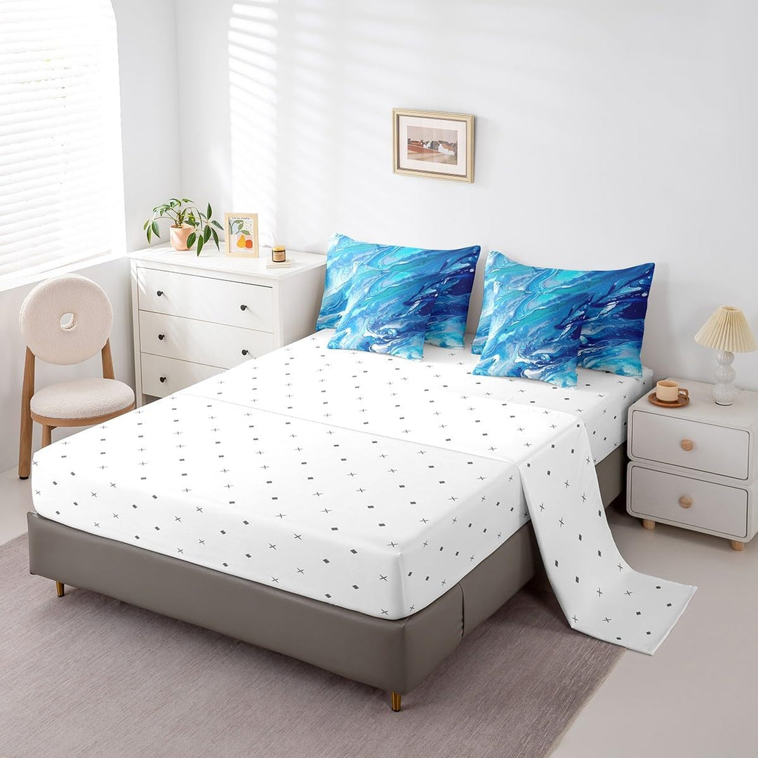 Marble Bedding Set Abstract Art Bed in a Bag Marble Texture Comforter Set Full Size 7 Pieces for Boys Girls Teens Decor Bed Set with Comforter, Sheet Set, Pillowcases, Pillow Covers Blue - Just Closeouts Canada Inc.X004D1HHSL