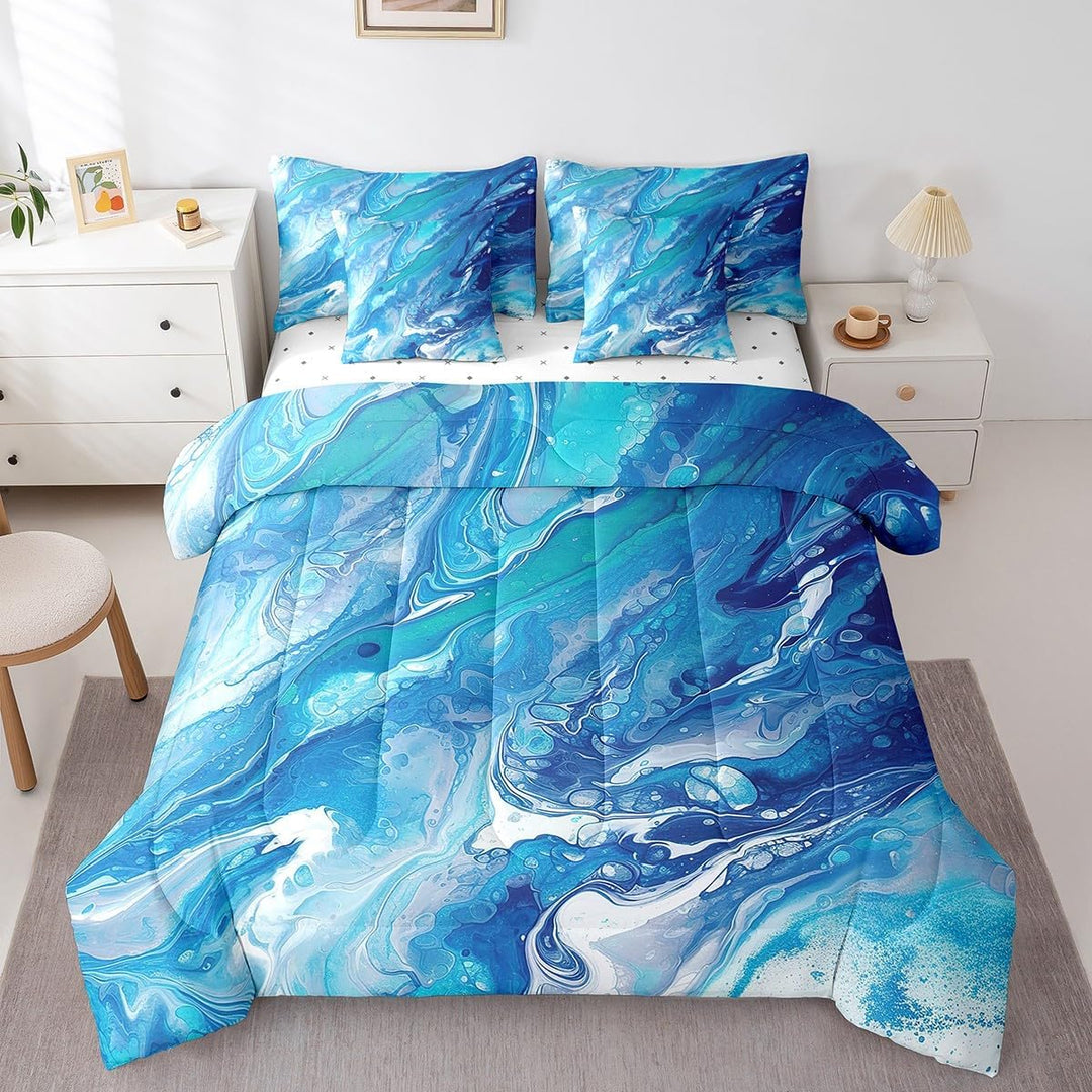 Marble Bedding Set Abstract Art Bed in a Bag Marble Texture Comforter Set Full Size 7 Pieces for Boys Girls Teens Decor Bed Set with Comforter, Sheet Set, Pillowcases, Pillow Covers Blue - Just Closeouts Canada Inc.X004D1HHSL